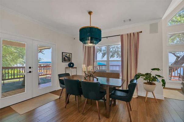 Dining room, Interior, Pendant Lights, Wood Texture Flooring