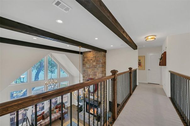 Fireplace, Interior, Recessed Lighting, Stone Walls, Wooden Beams