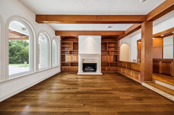 Empty room, Fireplace, Interior, Wooden Beams, Wood Texture Flooring