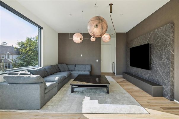 Fireplace, Interior, Living room, Pendant Lights, Recessed Lighting, Wood Texture Flooring
