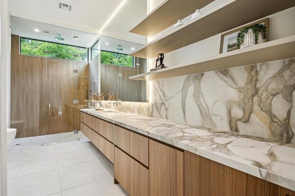 Bathroom, Glass Shower, Interior, Marble Walls, Recessed Lighting