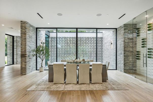 Dining room, Interior, Recessed Lighting, Wine Storage, Wood Texture Flooring