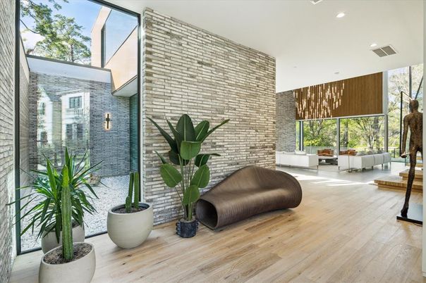 Interior, Pendant Lights, Recessed Lighting, Stone Walls, Wood Texture Flooring