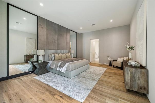 Bedroom, Interior, Recessed Lighting, Wood Texture Flooring