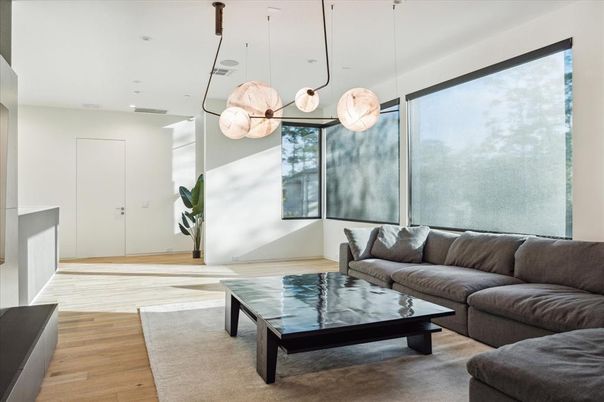 Interior, Living room, Pendant Lights, Recessed Lighting, Wood Texture Flooring