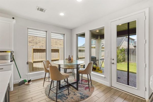 Dining room, Interior, Recessed Lighting, Wood Texture Flooring