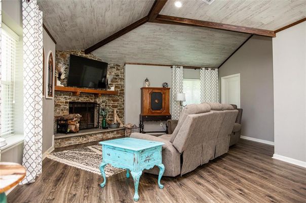Fireplace, Interior, Living room, Stone Walls, Wooden Beams, Wood Texture Flooring