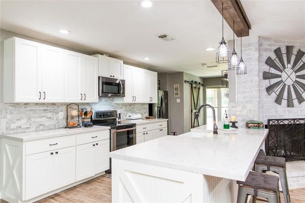 Interior, Kitchen, Pendant Lights, Recessed Lighting, Stainless Steel Appliances, Wooden Beams, Wood Texture Flooring