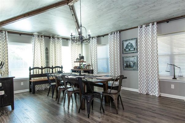 Chandelier, Dining room, Interior, Wooden Beams, Wood Texture Flooring
