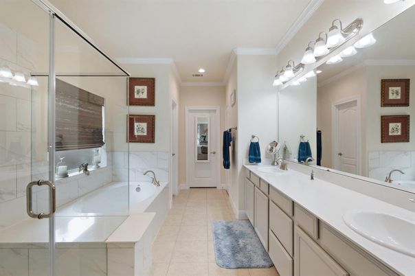 Bathroom, Dual Sink Vanities, Glass Shower, Interior, Recessed Lighting