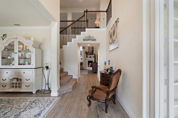 Fireplace, Interior, Pendant Lights, Recessed Lighting, Wood Texture Flooring