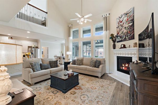 Fireplace, Interior, Kitchen, Living room, Recessed Lighting, Wood Texture Flooring