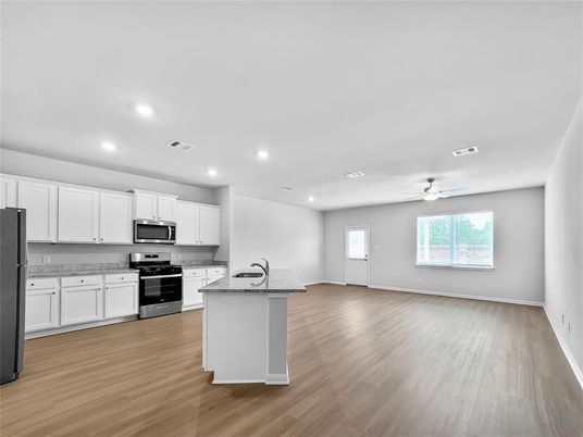 Interior, Kitchen, Recessed Lighting, Stainless Steel Appliances, Wood Texture Flooring
