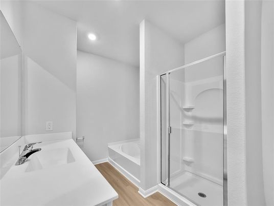 Bathroom, Glass Shower, Interior, Recessed Lighting, Wood Texture Flooring