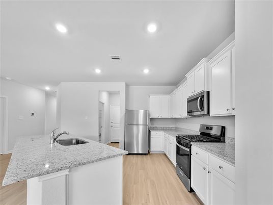 Interior, Kitchen, Recessed Lighting, Stainless Steel Appliances, Wood Texture Flooring