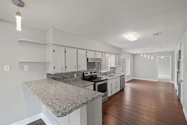 Interior, Kitchen, Pendant Lights, Stainless Steel Appliances, Wood Texture Flooring