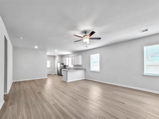 Empty room, Interior, Kitchen, Recessed Lighting, Wood Texture Flooring