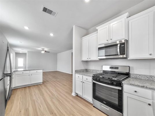 Interior, Kitchen, Recessed Lighting, Stainless Steel Appliances, Wood Texture Flooring