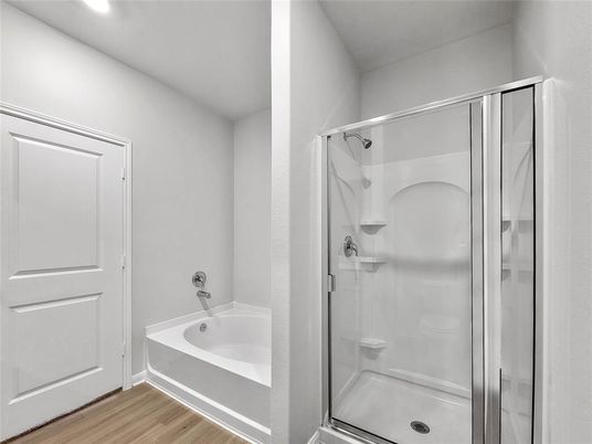 Bathroom, Glass Shower, Interior, Recessed Lighting, Wood Texture Flooring