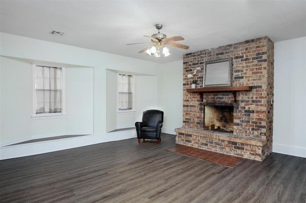 Empty room, Fireplace, Interior, Stone Walls, Wood Texture Flooring
