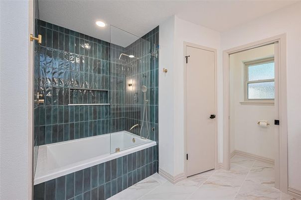 Bathroom, Glass Shower, Interior, Marble, Recessed Lighting