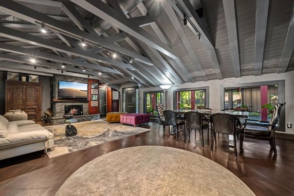 Dining room, Fireplace, Interior, Living room, Wood Texture Flooring