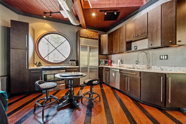 Interior, Kitchen, Recessed Lighting, Stainless Steel Appliances, Wooden Ceilings, Wood Texture Flooring