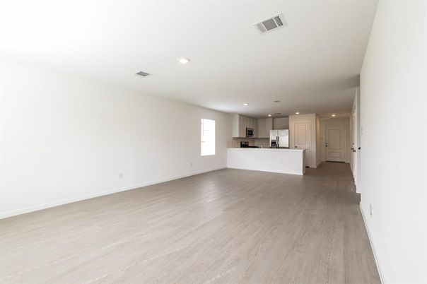 Empty room, Interior, Kitchen, Pendant Lights, Recessed Lighting, Wood Texture Flooring