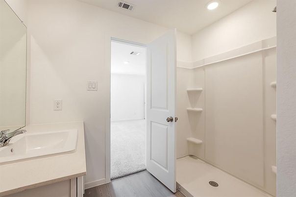 Bathroom, Interior, Recessed Lighting, Wood Texture Flooring