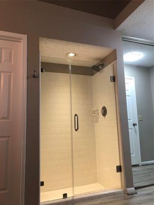 Bathroom, Glass Shower, Interior, Recessed Lighting, Wood Texture Flooring