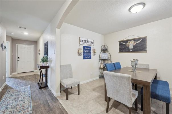 Dining room, Interior, Recessed Lighting, Wood Texture Flooring