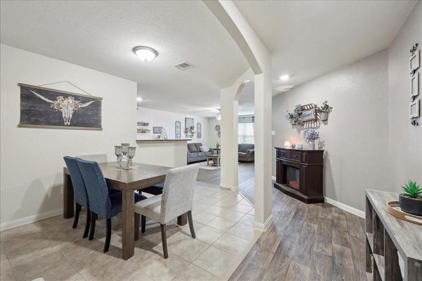 Dining room, Interior, Recessed Lighting, Wood Texture Flooring