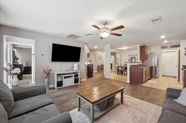 Dining room, Interior, Kitchen, Living room, Recessed Lighting, Wood Texture Flooring