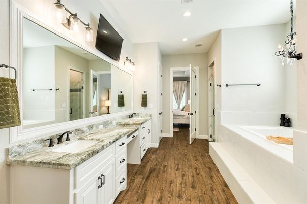 Bathroom, Dual Sink Vanities, Interior, Pendant Lights, Recessed Lighting, Wood Texture Flooring