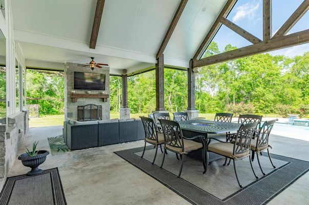 Dining room, Fireplace, Interior, Sun Room, Wooden Beams