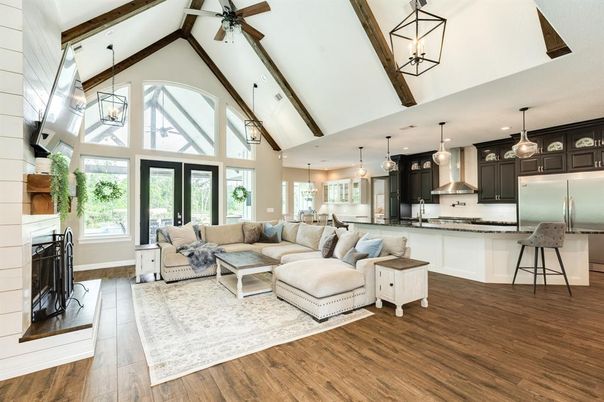 Fireplace, Interior, Kitchen, Living room, Pendant Lights, Stainless Steel Appliances, Wooden Beams, Wood Texture Flooring