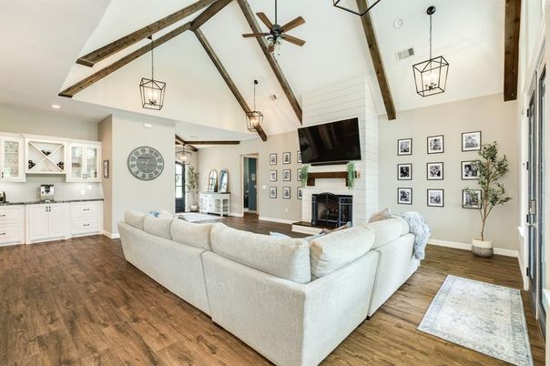 Fireplace, Interior, Living room, Pendant Lights, Recessed Lighting, Wooden Beams, Wood Texture Flooring