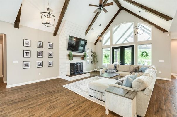 Fireplace, Interior, Living room, Pendant Lights, Wooden Beams, Wood Texture Flooring