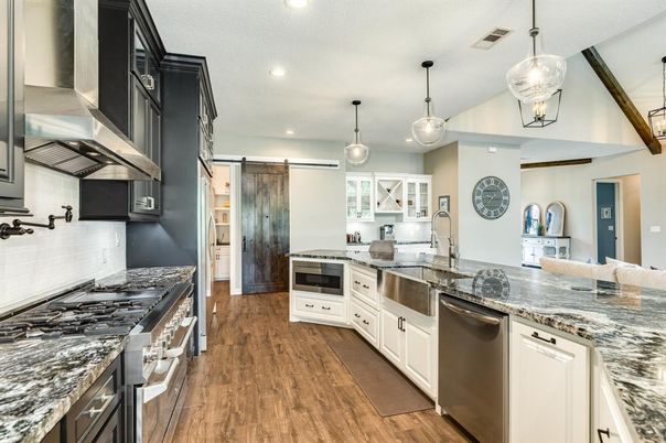 Interior, Kitchen, Pendant Lights, Recessed Lighting, Stainless Steel Appliances, Wood Texture Flooring