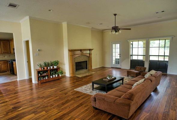 Fireplace, Interior, Living room, Recessed Lighting, Wood Texture Flooring
