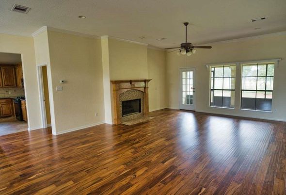 Empty room, Fireplace, Interior, Recessed Lighting, Wood Texture Flooring