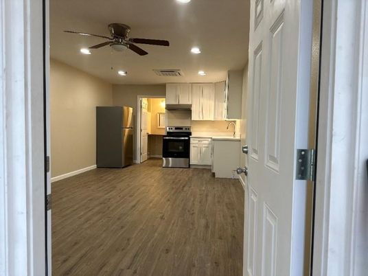 Interior, Kitchen, Recessed Lighting, Stainless Steel Appliances, Wood Texture Flooring