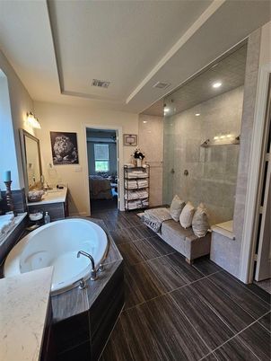 Bathroom, Dual Sink Vanities, Glass Shower, Interior, Recessed Lighting, Wood Texture Flooring
