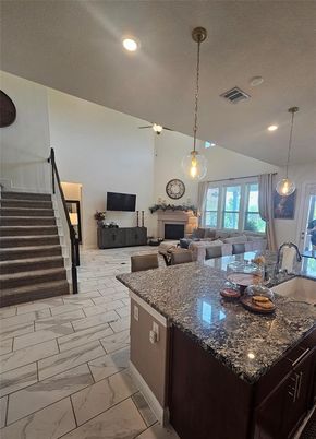 Dining room, Fireplace, Interior, Kitchen, Living room, Marble, Pendant Lights, Recessed Lighting, Water