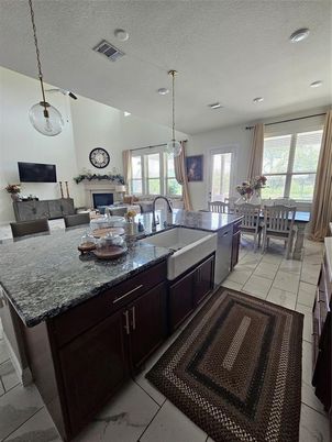 Dining room, Fireplace, Interior, Kitchen, Living room, Pendant Lights, Recessed Lighting