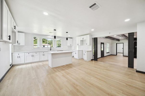 Interior, Kitchen, Pendant Lights, Recessed Lighting, Wood Texture Flooring