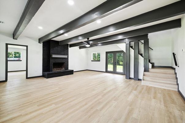 Empty room, Fireplace, Interior, Recessed Lighting, Wood Texture Flooring