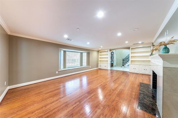 Empty room, Fireplace, Interior, Recessed Lighting, Wood Texture Flooring