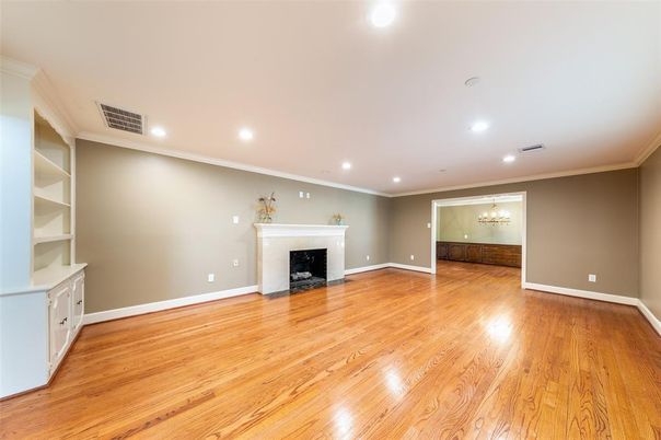 Empty room, Fireplace, Interior, Recessed Lighting, Wood Texture Flooring