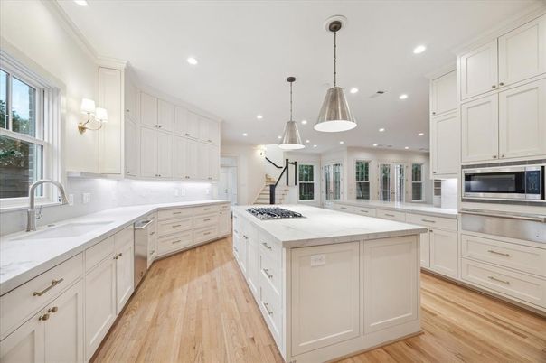 Interior, Kitchen, Pendant Lights, Recessed Lighting, Stainless Steel Appliances, Wood Texture Flooring